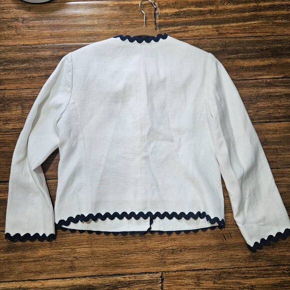J. Crew Linen Lady Blazer Jacket White w Navy Rickrack Trim SZ 6 - Picture 2 of 13